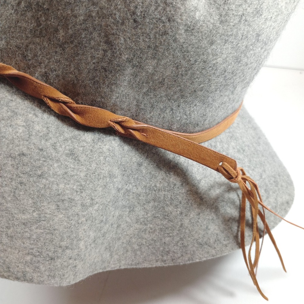Womens Gray Wool Wide Brim Floppy Hat One Size Felt Boho Braided Band Tassel - Picture 3 of 7